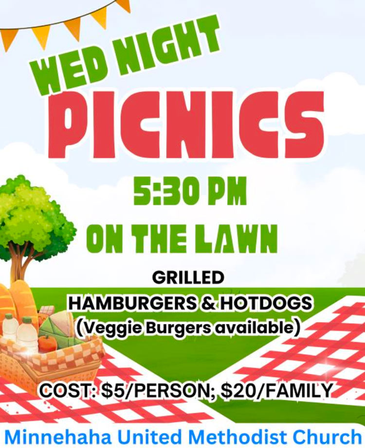 Join us at 5:30 PM on Wednesday nights for our Wednesday Night Picnics